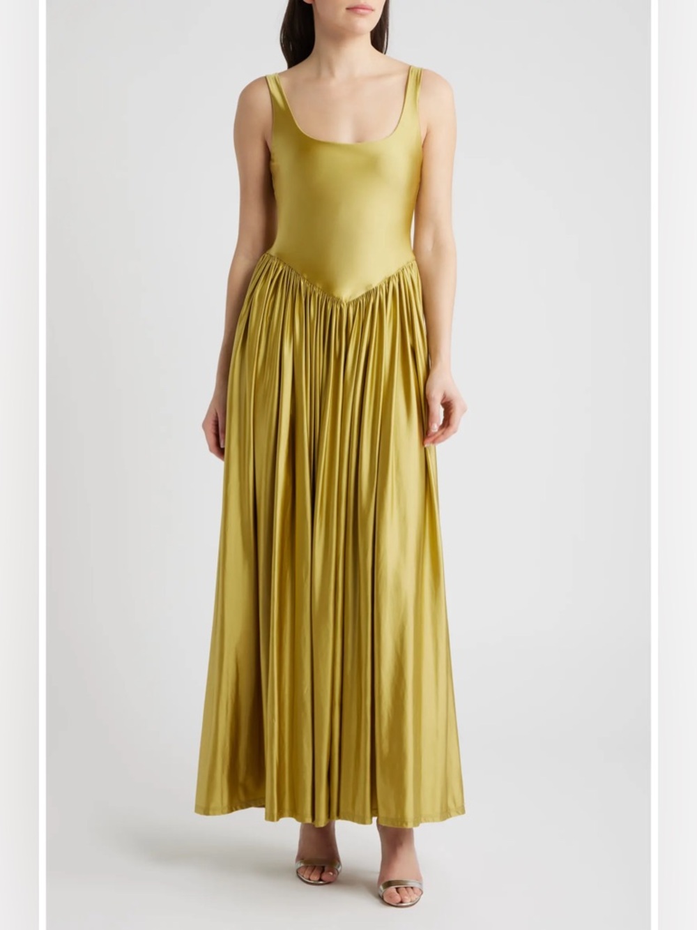 Delfi Collective Olive green Oriana satin basque waist maxi dress